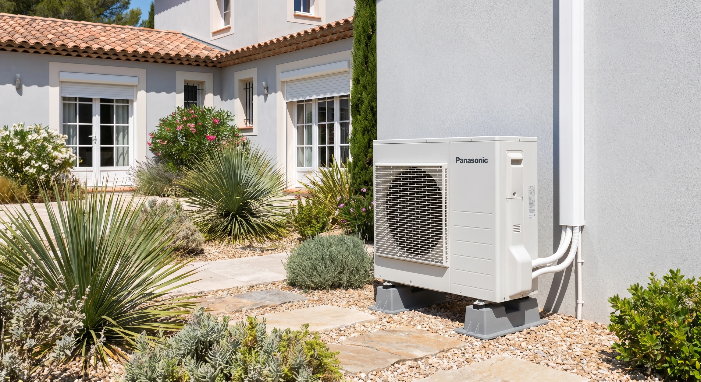 Unité extérieure de pompe à chaleur air-eau en acier laqué blanc, installée sur plots anti-vibratiles gris, posée contre un mur de façade moderne gris clair, avec compresseur et ventilateur intégrés visibles, raccordements frigorifiques apparents, dans un jardin résidentiel ensoleillé. Vue d'ensemble montrant l'équipement seul, sans personne.