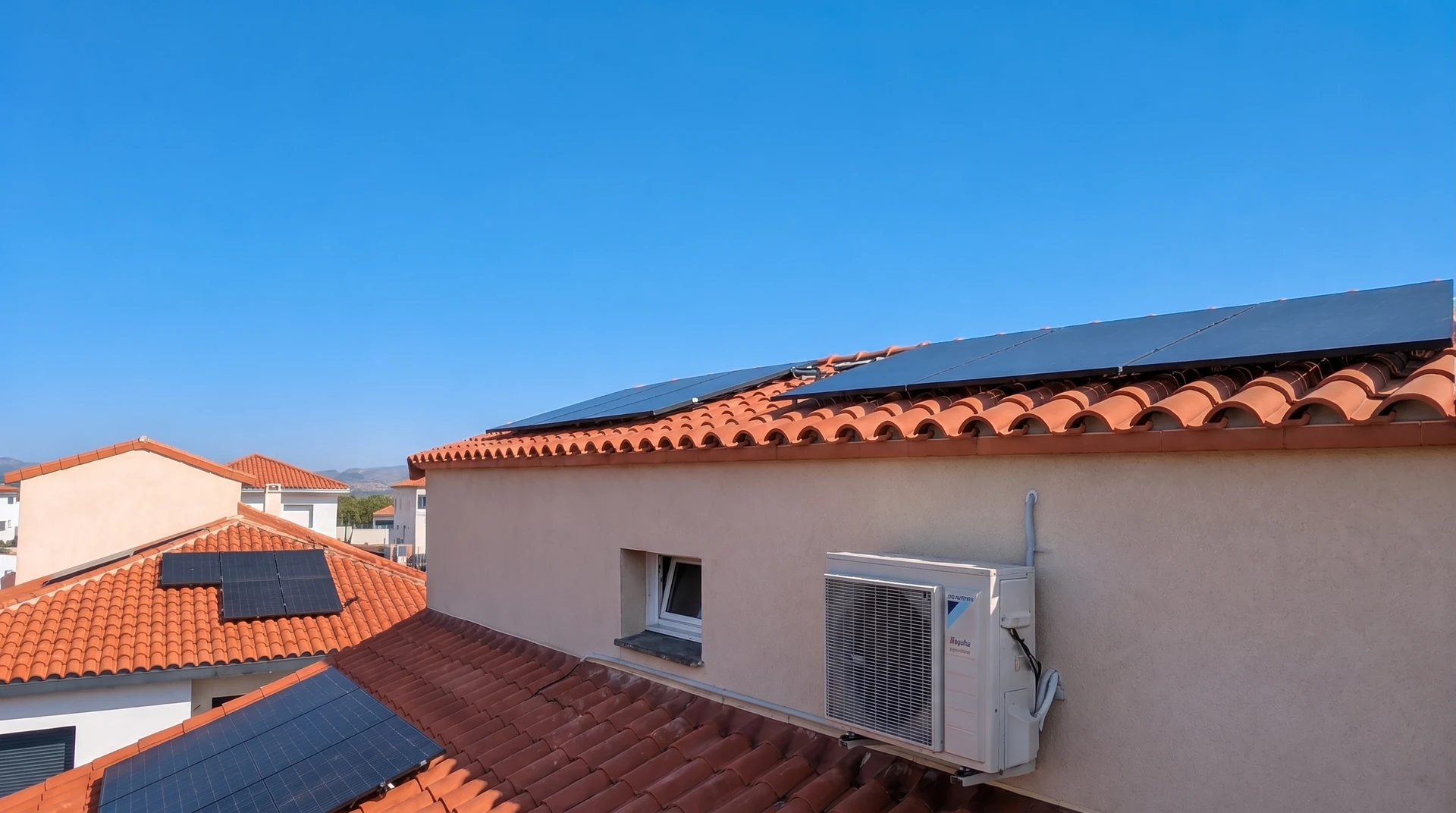 Ouvrier en équipement de sécurité installe des panneaux solaires photovoltaïques sur toiture métallique ondulée