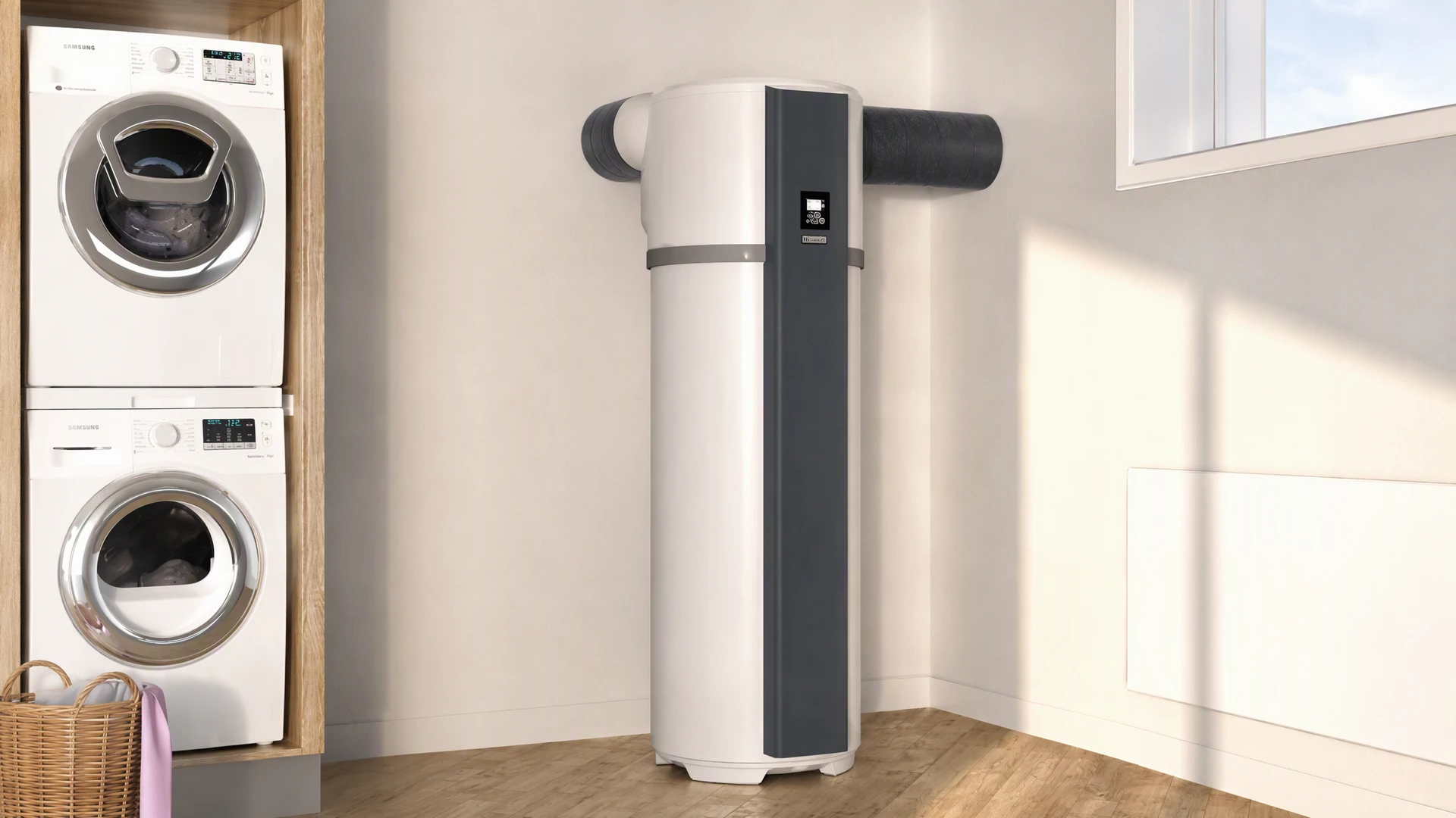 Ballon thermodynamique blanc cylindrique de marque reconnue, installé en intérieur dans un local technique résidentiel, fixé au mur ou posé au sol sur un socle métallique. Unité compacte avec caption isolant, groupe froid externe visible en arrière-plan, raccordements tuyauterie (alimentation, puisage, entrée air), tuyauterie de liaison isolée. Environnement intérieur clair, carrelage ou béton au sol, installation conforme aux normes NF.